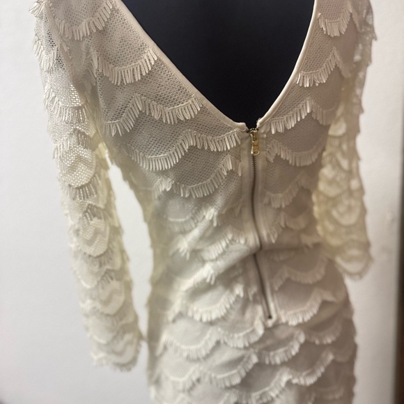 Guess Cream Fringe Scoop-Neck Long-Sleeve Bodycon Dress - Picture 2 of 3